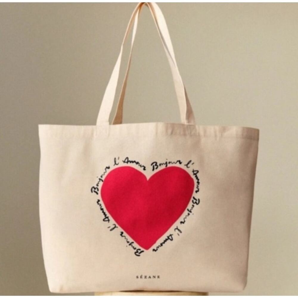 Sézane Bonjour l'Amour Limited Edition Cotton Canvas Tote Bag Red Heart Paris